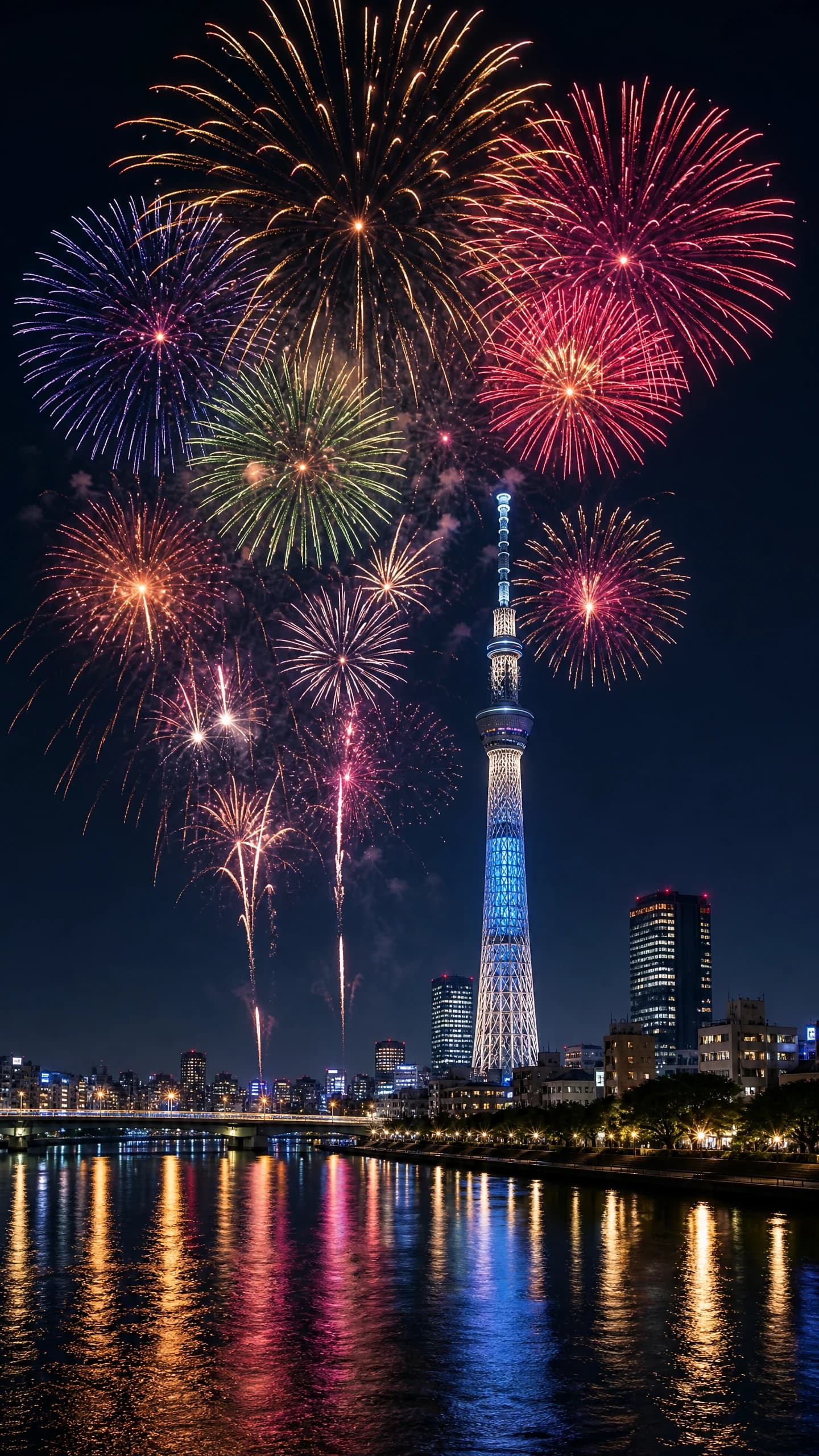 隅田川の花火と東京スカイツリーの夜景