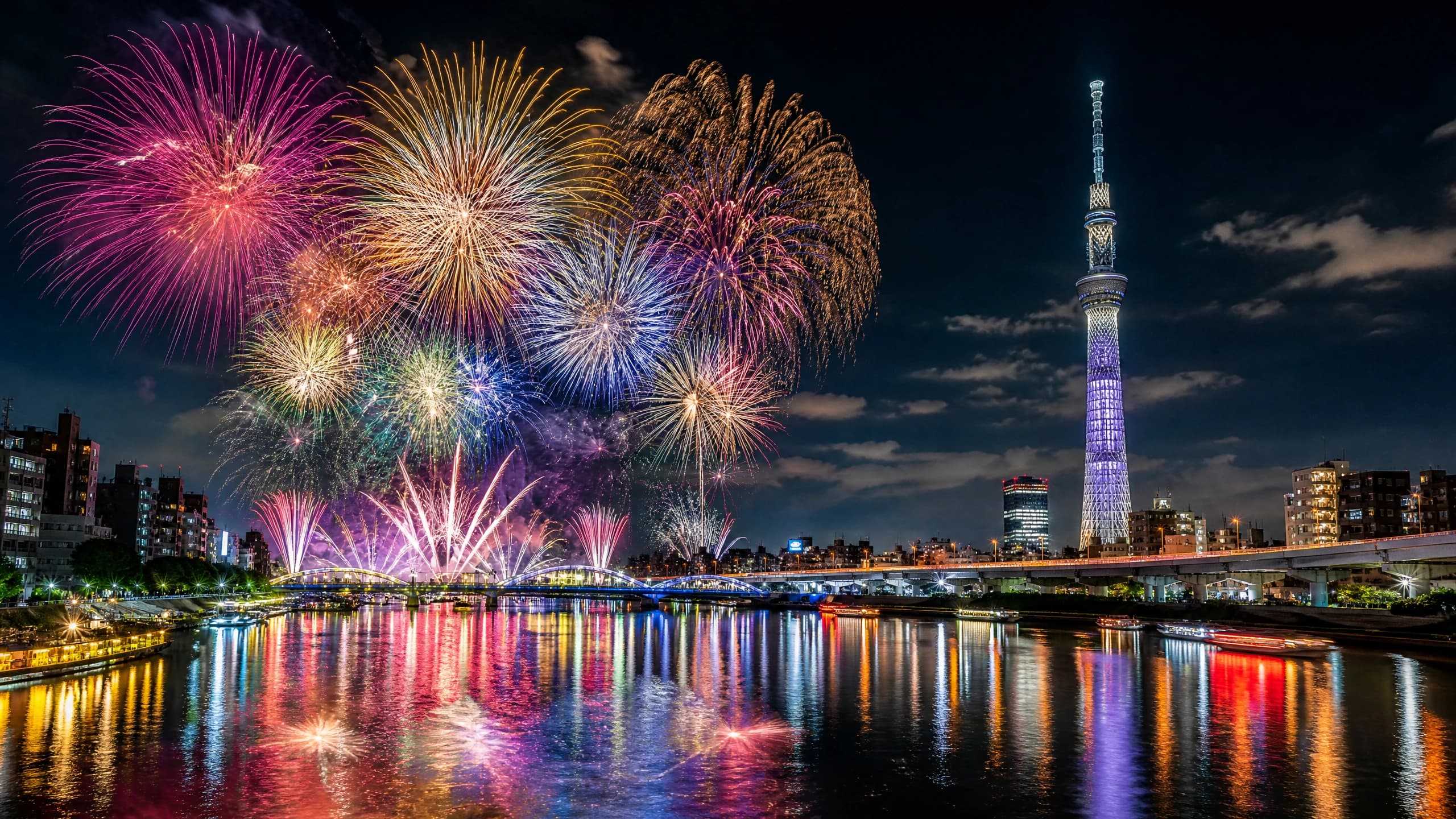 隅田川の花火と東京スカイツリーの夜景
